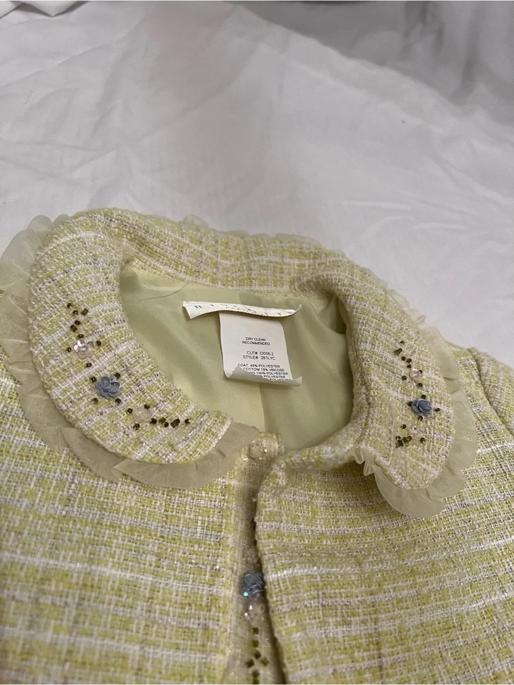 Biscotti Collezioni Girls Pastel Yellow Tweed Long Dress Coat / Jacket - Size 5